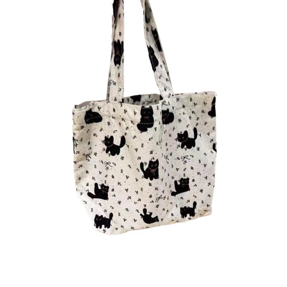 Small Canvas Tote Bag with Black Cat Print - White